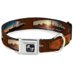 Dog Bone Seatbelt Buckle Collar - Surfboard Cali Scenes/US Flag Brown