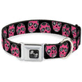 Load image into Gallery viewer, Dog Bone Seatbelt Buckle Collar - Sugar Skulls Black/White/Fuchsia
