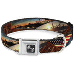 Dog Bone Seatbelt Buckle Collar - Surfboard Cali Scenes/US Flag Stacked Brown