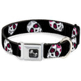 Load image into Gallery viewer, Dog Bone Seatbelt Buckle Collar - Staggered Sugar Skulls Black/White/Pink