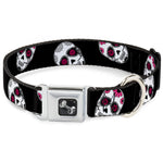 Dog Bone Seatbelt Buckle Collar - Staggered Sugar Skulls Black/White/Pink