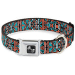 Dog Bone Seatbelt Buckle Collar - Totem Carvings Black/White/Orange/Turquoise