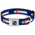 Load image into Gallery viewer, Dog Bone Seatbelt Buckle Collar - Colorado Trout Flag/Snowy Mountains Blues/White/Red/Yellow