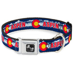 Dog Bone Seatbelt Buckle Collar - Colorado ASPEN Flag/Snowy Mountains Weathered Blue/White/Red/Yellows
