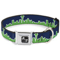 Load image into Gallery viewer, Dog Bone Seatbelt Buckle Collar - Seattle Skyline Navy/Bright Green
