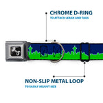 Dog Bone Black/Silver Seatbelt Buckle Collar - Seattle Skyline Navy/Gray/Green