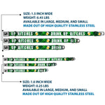 Dog Bone Black/Silver Seatbelt Buckle Collar - St. Pat's DRINK UP BITCHES/Beer Mugs/Stacked Shamrocks Greens/White/Gold