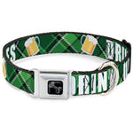 Dog Bone Black/Silver Seatbelt Buckle Collar - St. Pat's DRINK UP BITCHES/Beer Mugs/Stacked Shamrocks Greens/White/Gold