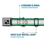 Dog Bone Black/Silver Seatbelt Buckle Collar - Stripes Navy/Neon Green/Silver/White