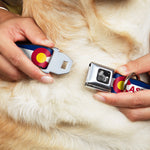 Dog Bone Black/Silver Seatbelt Buckle Collar - Colorado CASTLE ROCK Flag Blue/White/Red/Yellows