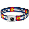 Load image into Gallery viewer, Dog Bone Black/Silver Seatbelt Buckle Collar - COLORADO Text Flag Blue/White/Red/Yellow