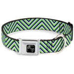 Dog Bone Black/Silver Seatbelt Buckle Collar - Chevron Stripe White/Neon Green/Navy
