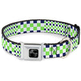 Load image into Gallery viewer, Dog Bone Black/Silver Seatbelt Buckle Collar - Checker Blocks White/Navy/Neon Green