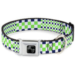 Dog Bone Black/Silver Seatbelt Buckle Collar - Checker Blocks White/Navy/Neon Green