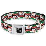 Dog Bone Black/Silver Seatbelt Buckle Collar - Christmas Penguin Flip/Stripe Green/White/Orange/Black