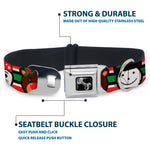Dog Bone Black/Silver Seatbelt Buckle Collar - Christmas Penguin/Reindeer/Snowman Stripe Red/White/Black/Green