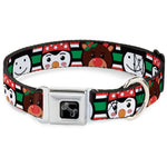 Dog Bone Black/Silver Seatbelt Buckle Collar - Christmas Penguin/Reindeer/Snowman Stripe Red/White/Black/Green