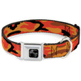 Load image into Gallery viewer, Dog Bone Black/Silver Seatbelt Buckle Collar - Camo Oranges/Black