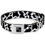 Dog Bone Black/Silver Seatbelt Buckle Collar - Cow Pattern Print White/Black