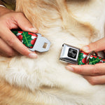 Dog Bone Black/Silver Seatbelt Buckle Collar - Snowy Holly Stripe Reds/White/Greens