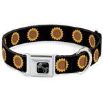 Dog Bone Black/Silver Seatbelt Buckle Collar - Sunflower Face Repeat Black