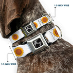Dog Bone Black/Silver Seatbelt Buckle Collar - Sunflower Face Repeat White