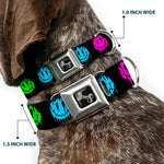 Dog Bone Black/Silver Seatbelt Buckle Collar - Smiley Face Melted Repeat Black/Multi Neon