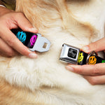 Dog Bone Black/Silver Seatbelt Buckle Collar - Smiley Face Melted Repeat Black/Multi Neon