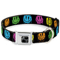 Load image into Gallery viewer, Dog Bone Black/Silver Seatbelt Buckle Collar - Smiley Face Melted Repeat Black/Multi Neon