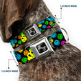 Load image into Gallery viewer, Dog Bone Black/Silver Seatbelt Buckle Collar - Smiley Faces Melted Stacked Black/Multi Neon