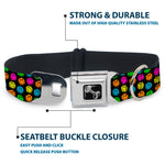 Dog Bone Black/Silver Seatbelt Buckle Collar - Smiley Faces Melted Mini Repeat Black/Multi Neon