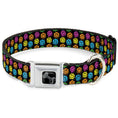 Load image into Gallery viewer, Dog Bone Black/Silver Seatbelt Buckle Collar - Smiley Faces Melted Mini Repeat Black/Multi Neon