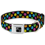 Dog Bone Black/Silver Seatbelt Buckle Collar - Smiley Faces Melted Mini Repeat Angle Black/Multi Neon
