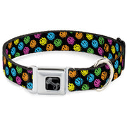 Dog Bone Black/Silver Seatbelt Buckle Collar - Smiley Faces Melted Mini Repeat Angle Black/Multi Neon