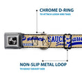 Load image into Gallery viewer, Dog Bone Black/Silver Seatbelt Buckle Collar - SAUCE Typography Collage Tan/White/Blue