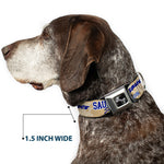 Dog Bone Black/Silver Seatbelt Buckle Collar - SAUCE Typography Collage Tan/White/Blue