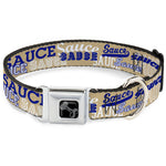 Dog Bone Black/Silver Seatbelt Buckle Collar - SAUCE Typography Collage Tan/White/Blue