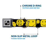 Dog Bone Black/Silver Seatbelt Buckle Collar - Smiley Face Splatter Scattered Black/Yellow