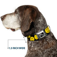 Load image into Gallery viewer, Dog Bone Black/Silver Seatbelt Buckle Collar - Smiley Face Splatter Scattered Black/Yellow