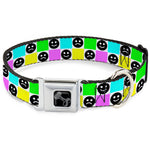 Dog Bone Black/Silver Seatbelt Buckle Collar - Smiley Sad Face Checker Multi Color/White
