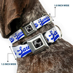 Dog Bone Black/Silver Seatbelt Buckle Collar - SAUCE Baseball Script White/Blue