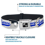 Dog Bone Black/Silver Seatbelt Buckle Collar - SAUCE Baseball Script White/Blue