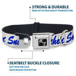 Dog Bone Black/Silver Seatbelt Buckle Collar - SNATCHED Script White/Blue