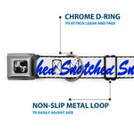 Dog Bone Black/Silver Seatbelt Buckle Collar - SNATCHED Script White/Blue