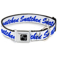 Load image into Gallery viewer, Dog Bone Black/Silver Seatbelt Buckle Collar - SNATCHED Script White/Blue