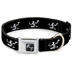 Dog Bone Black/Silver Seatbelt Buckle Collar - Spirit of Detroit Logo Repeat Black/White