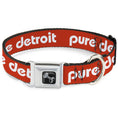 Load image into Gallery viewer, Dog Bone Black/Silver Seatbelt Buckle Collar - PURE DETROIT Text Repeat Burnt Orange/White