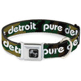 Load image into Gallery viewer, Dog Bone Black/Silver Seatbelt Buckle Collar - PURE DETROIT Text Camo Olive/White
