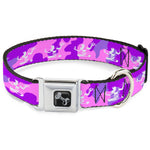 Dog Bone Black/Silver Seatbelt Buckle Collar - Spirit of Detroit Logo Camo Pinks/Purples/White