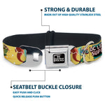 DC LEAGUE OF SUPER-PETS Logo Full Color Black/White Seatbelt Buckle Collar - DC LEAGUE OF SUPER-PETS 6-Superhero Pet Poses Collage Yellows